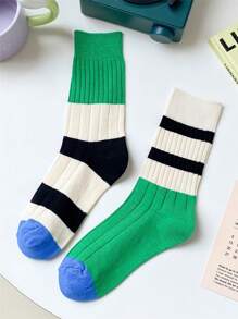 1双女士条纹印花时尚中筒袜，适合日常生活、秋季穿着 - 綠色 - 查看 2