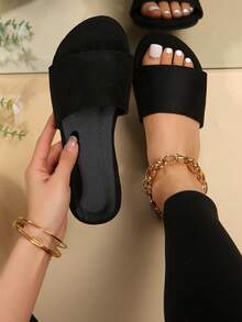 女性極簡風格涼拖,仿麂皮優雅涼鞋夏天 - 黑色 - 查看 1