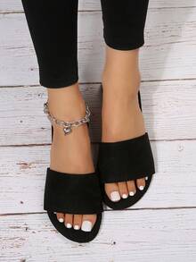女性極簡風格涼拖,仿麂皮優雅涼鞋夏天 - 黑色 - 查看 2