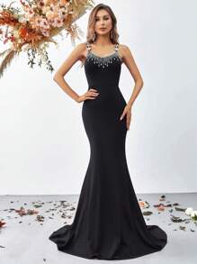 Rhinestone Detail Mermaid Hem Formal Dress - Black - View 1