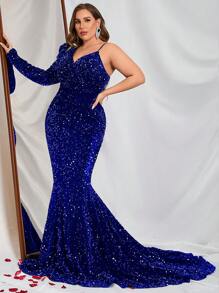 Plus Asymmetrical Neck Sequin Floor Length Formal Dress - Royal Blue - View 3