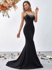 Rhinestone Detail Mermaid Hem Formal Dress - Black - View 3