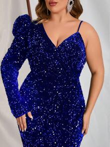 Plus Asymmetrical Neck Sequin Floor Length Formal Dress - Royal Blue - View 7