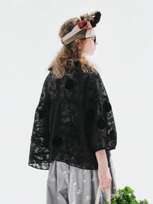 Blusa unicolor aplique de hombros caídos - Negro - Ver 2