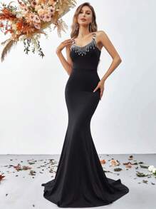 Rhinestone Detail Mermaid Hem Formal Dress - Black - View 4