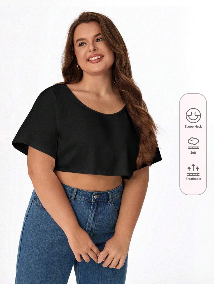 SHEIN BASICS Plus Solid Round Neck Crop Tee For Summer - Black - View 1