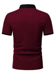 Manfinity Homme 男士拼接邊1/4拉鍊拼接領POLO衫 - 酒紅色 - 查看 3