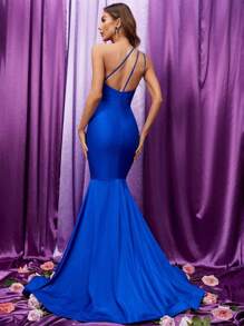 單肩魚尾裙下擺緞面及地連衣裙 - 寶藍色 - 查看 2