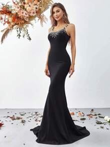 Rhinestone Detail Mermaid Hem Formal Dress - Black - View 5
