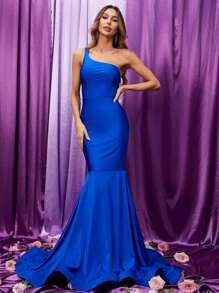 單肩魚尾裙下擺緞面及地連衣裙 - 寶藍色 - 查看 3