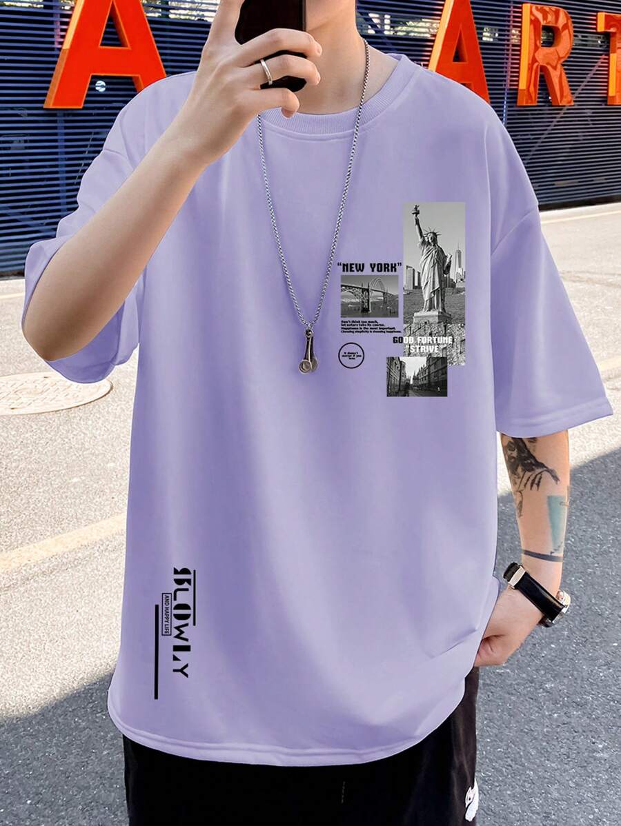 Claim Dot 超大号男式照片和口号图案 T 恤 - 淡紫色 - 查看 1