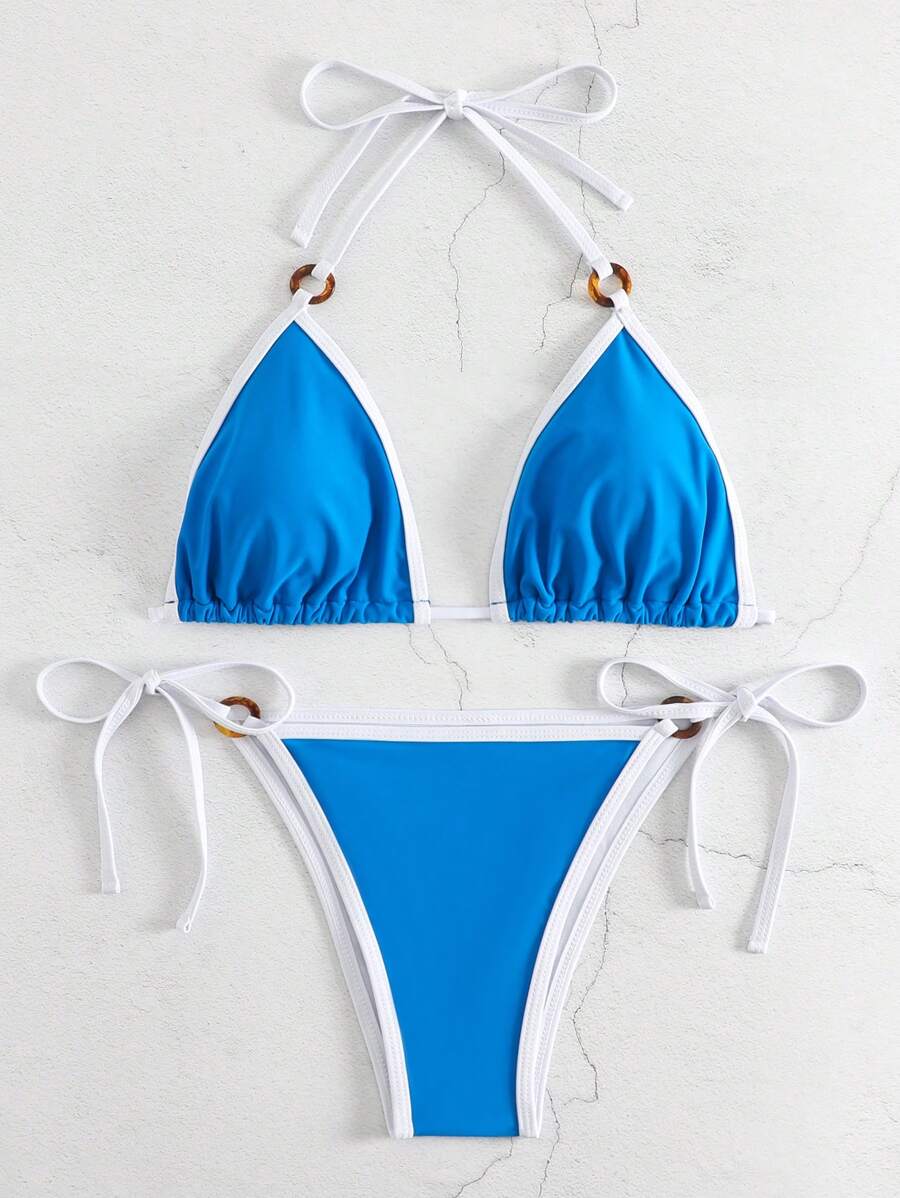 環鏈撞色滾邊掛脖三角杯比基尼泳裝 - 寶藍色 - 查看 1