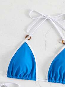 環鏈撞色滾邊掛脖三角杯比基尼泳裝 - 寶藍色 - 查看 3