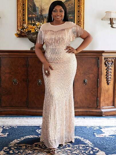 seomiscky Plus Fringe Trim Mermaid Hem Sequin Formal Dress