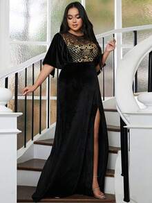 seomiscky Plus Contrast Sequin Split Thigh Dress - Black - View 3