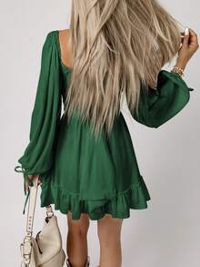 Acelitt Sweetheart Neck Lantern Sleeve Ruched Bust Ruffle Hem Dress - Green - View 2