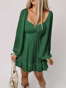 Acelitt Sweetheart Neck Lantern Sleeve Ruched Bust Ruffle Hem Dress - Green - View 3