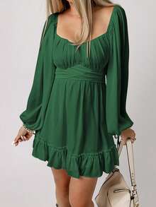 Acelitt Sweetheart Neck Lantern Sleeve Ruched Bust Ruffle Hem Dress - Green - View 4