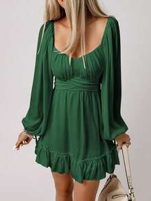 Acelitt Sweetheart Neck Lantern Sleeve Ruched Bust Ruffle Hem Dress - Green - View 5