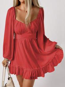 Acelitt 雞心領口燈籠袖胸部褶皺荷葉邊連衣裙 - 紅色 - 查看 1