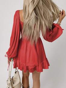 Acelitt 雞心領口燈籠袖胸部褶皺荷葉邊連衣裙 - 紅色 - 查看 2