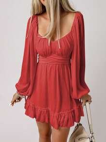 Acelitt 雞心領口燈籠袖胸部褶皺荷葉邊連衣裙 - 紅色 - 查看 5