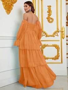 Kleid mit Volant Ärmeln, mehrschichtigem Saum, Chiffon - Orange - Übersicht 2