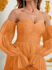 Kleid mit Volant Ärmeln, mehrschichtigem Saum, Chiffon - Orange - Übersicht 3