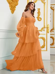 Kleid mit Volant Ärmeln, mehrschichtigem Saum, Chiffon - Orange - Übersicht 5