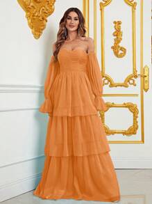 Kleid mit Volant Ärmeln, mehrschichtigem Saum, Chiffon - Orange - Übersicht 6