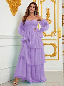 Off Shoulder Flounce Sleeve Layer Hem Chiffon Formal Dress - Lilac Purple - View 6