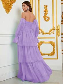 Off Shoulder Flounce Sleeve Layer Hem Chiffon Formal Dress - Lilac Purple - View 2