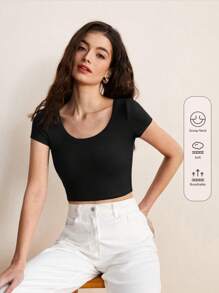 SHEIN BASICS Camiseta Recortada De Punto Acanalado Con Cuello Alto - Negro - Ver 1