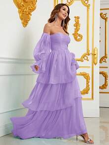 Off Shoulder Flounce Sleeve Layer Hem Chiffon Formal Dress - Lilac Purple - View 5