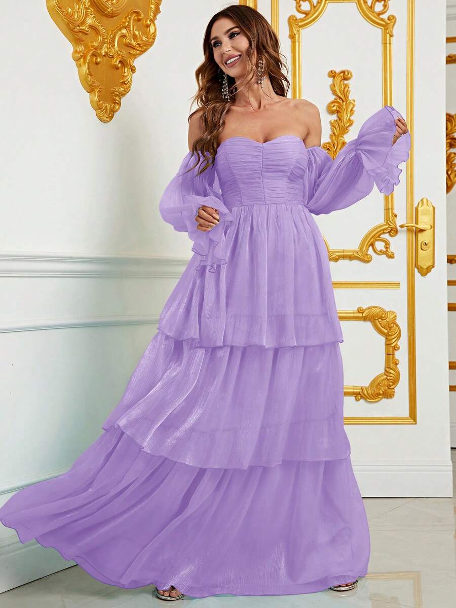 Off Shoulder Flounce Sleeve Layer Hem Chiffon Formal Dress - Lilac Purple - View 1