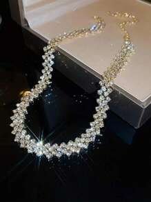 1入組時尚奢華銅水鑽裝飾鏈條項圈適合女士日常裝飾 - 金黃色 - 查看 1