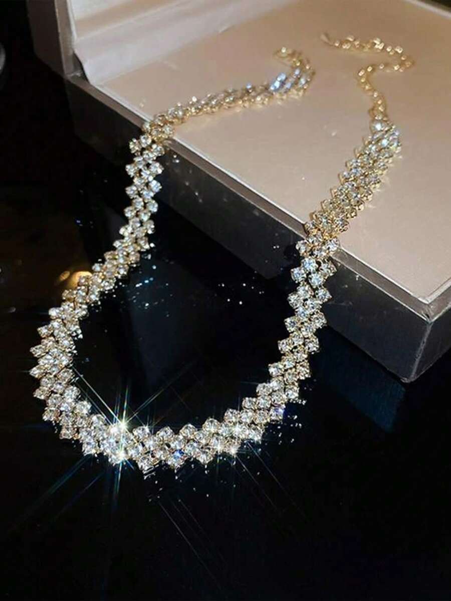 1入組時尚奢華銅水鑽裝飾鏈條項圈適合女士日常裝飾 - 金黃色 - 查看 1