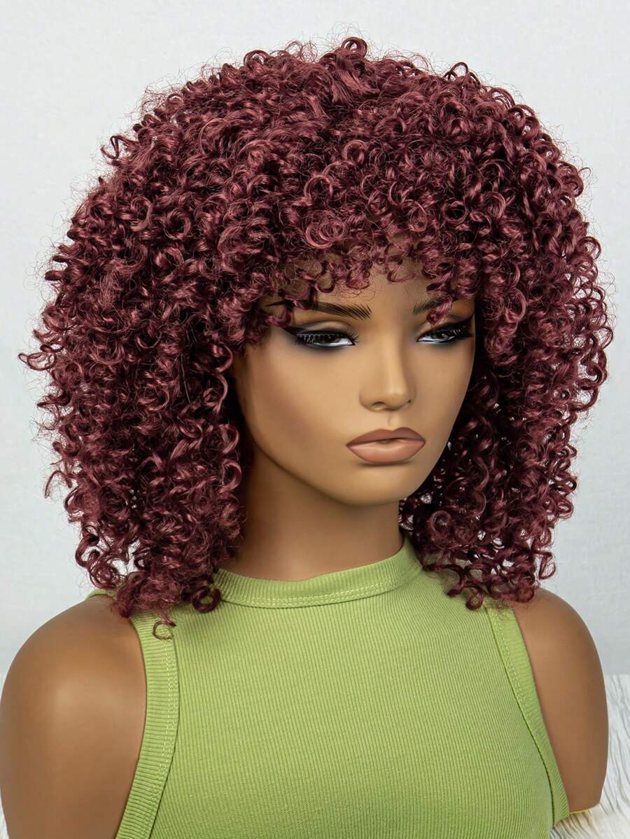 Tóc giả tổng hợp xoăn vừa Afro có tóc mái - Màu Đỏ Sâu - Xem 1