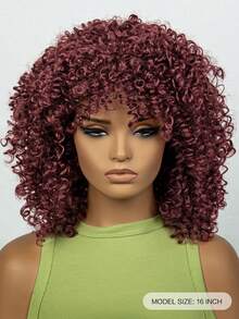 Tóc giả tổng hợp xoăn vừa Afro có tóc mái - Màu Đỏ Sâu - Xem 2