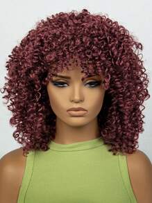 Tóc giả tổng hợp xoăn vừa Afro có tóc mái - Màu Đỏ Sâu - Xem 7