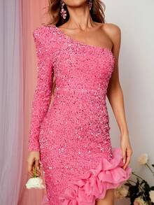 Vestido con cuello asimétrico y volantes, vestido con dobladillo de lentejuelas asimétrico, elegante vestido de gala de manga larga para invitados de boda, ceremonia de graduación, fiesta de cóctel - Rosa - Ver 3