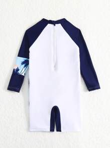 Baby Letter Graphic Zipper Back One Piece Swimsuit - Blue and White - View 2