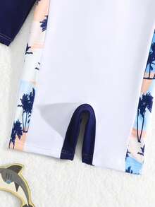 Baby Letter Graphic Zipper Back One Piece Swimsuit - Blue and White - View 4