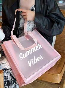 大容量托特包信封印花透明設計雙手提手提袋,畢業生、少女、大一、大二、大三、大四、大學、高中學生皆適用,完美適用於戶外、旅遊與返校,海灘包、海灘必備、海灘毛巾收納袋、海灘配件、假期包、夏季假期必備 - 粉色 - 查看 2