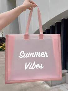 大容量托特包信封印花透明設計雙手提手提袋,畢業生、少女、大一、大二、大三、大四、大學、高中學生皆適用,完美適用於戶外、旅遊與返校,海灘包、海灘必備、海灘毛巾收納袋、海灘配件、假期包、夏季假期必備 - 粉色 - 查看 6