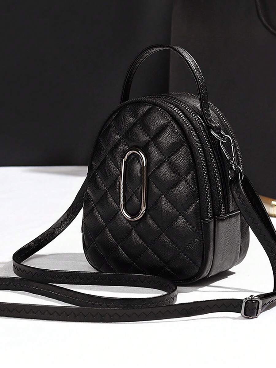 Túi Satchel mini Trang trí bằng kim loại chần bông Tay cầm trên cùng - màu đen - Xem 1