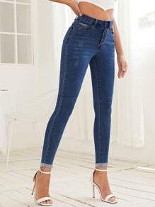 EMERY ROSE Button Fly Skinny Jeans - Dark Wash - View 3