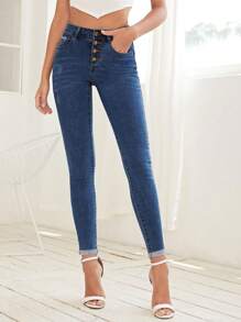 EMERY ROSE Button Fly Skinny Jeans - Dark Wash - View 4