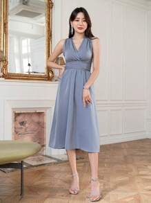 DAZY Solid Surplice Neck Criss Cross Back Dress - Blue - View 7