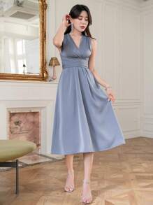 DAZY Solid Surplice Neck Criss Cross Back Dress - Blue - View 1